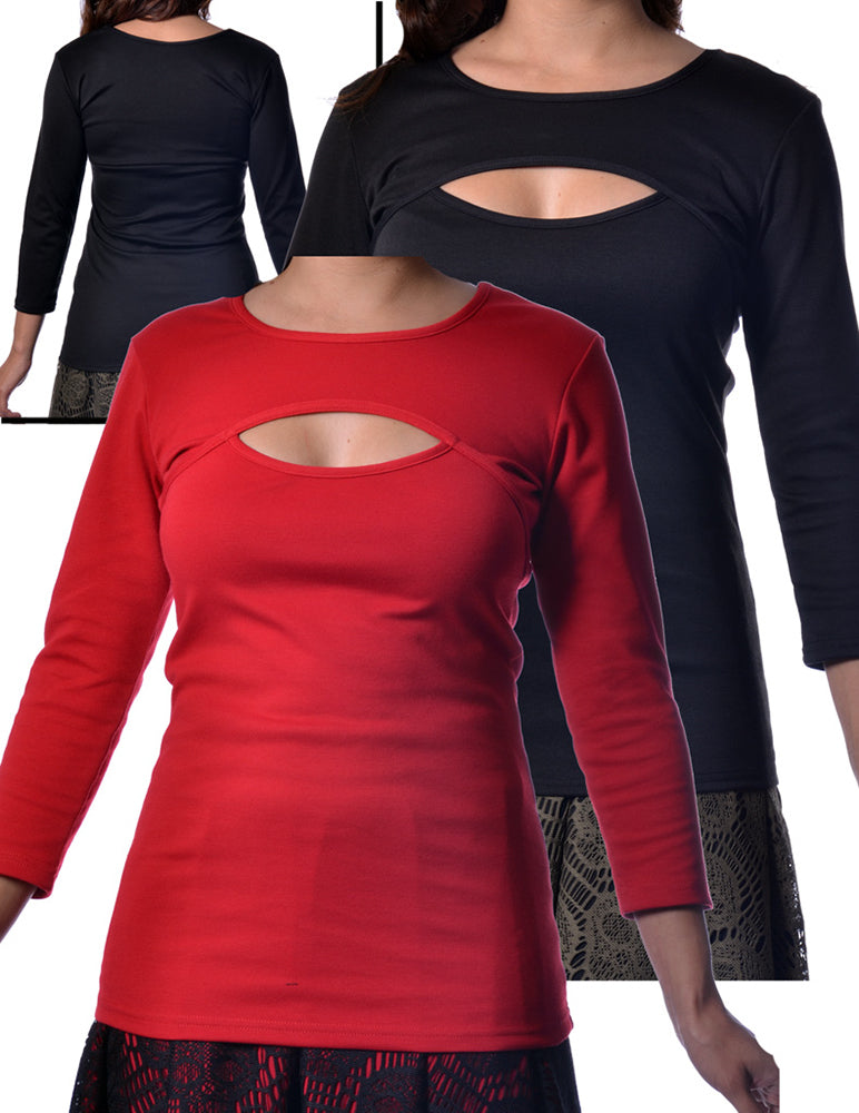 Peek a Boo Top 3/4 Sleeve Red