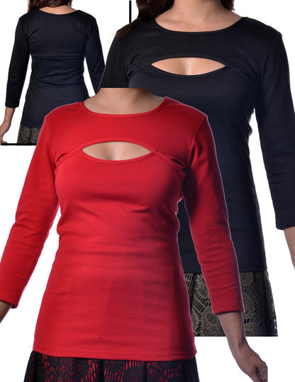 Peek a Boo Top 3/4 Sleeve Red